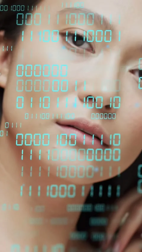 Vertical video: Pullback revealing woman tilting, touching hair, cyan binary Stock Footage 333236364