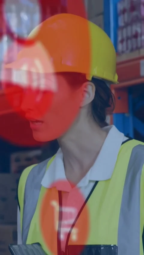 Vertical video: Pulling back cam showing worker scanning box at aisle, yellow Stock Footage 334317365