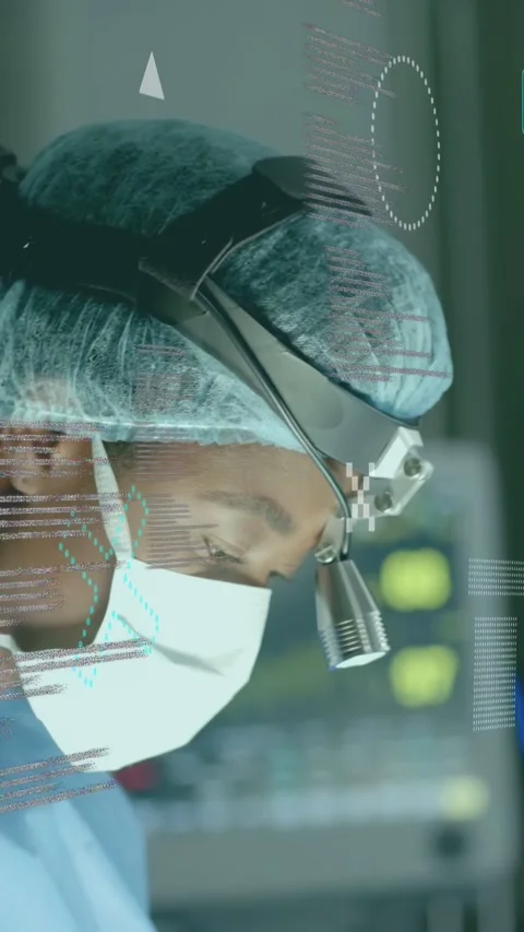 Vertical video: Pulling back revealing surgeon leaning into OR, AR data showing Stock Footage 334836961