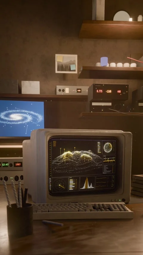 Vertical video: Pulling back revealing vintage CRT showing shifting 3D plot at Stock Footage 348244026
