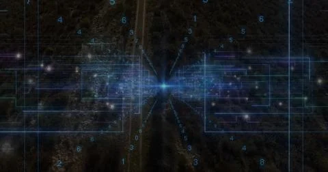 Vertical video: Pulse activating blue node sending radial beams over forest Illustrazione stock