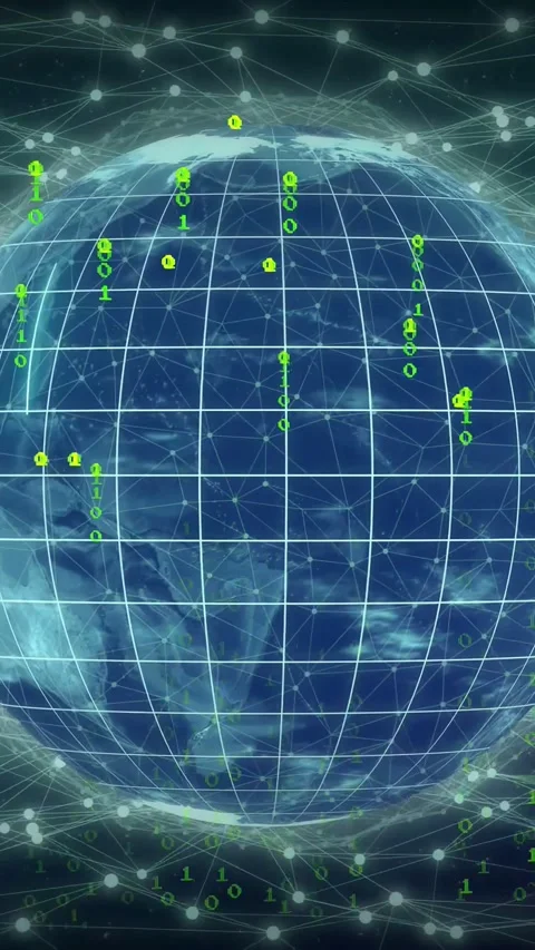 Vertical video: Pulse sparking digital globe rotating as green bits falling and Stock Footage 335263780