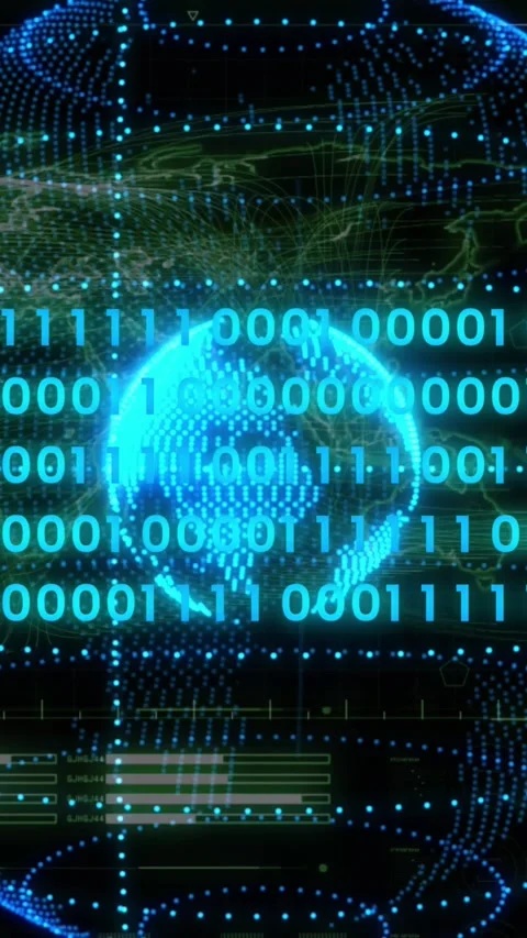 Vertical video: Pulse starting blue globe rotating right while binary scrolling, Stock Footage 329552447
