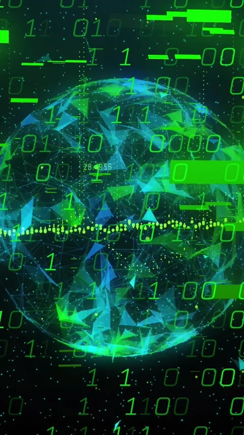 Vertical video: Pulse starting waveform, globe rotating while binary bars Stock Footage 329552475