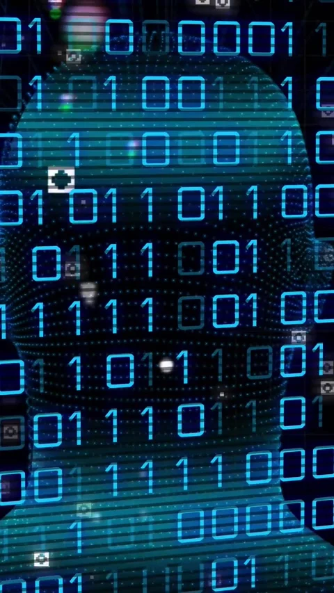 Vertical video: On pulse teal 3D head rising binary grid scrolling icons Stock Footage 328633000