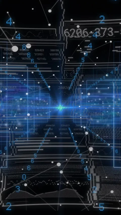 Vertical video: Pulsing blue core sending bands, data tunnel updating digits Stock Footage 329552706