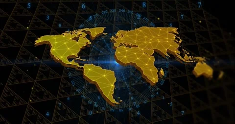 Vertical video: Pulsing central glow driving golden world map nodes on grid, Stock Footage 331160848