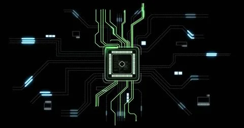 Vertical video: Pulsing chip sending neon traces across HUD to cyan nodes Stock Illustration