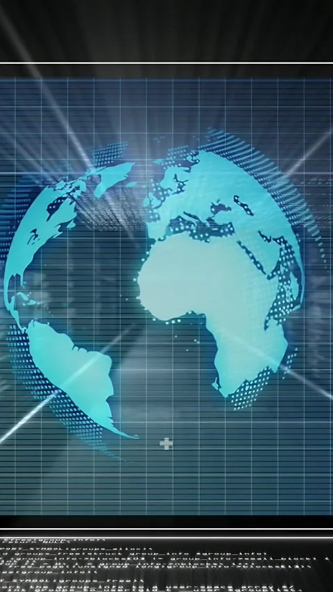 Vertical video: Pulsing grid opening cyan globe rotating beams scanning code Stockbeeldmateriaal 335678222