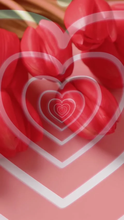Vertical video: Pulsing heart overlay starting camera zooming, red tulips Stock Footage 335741040