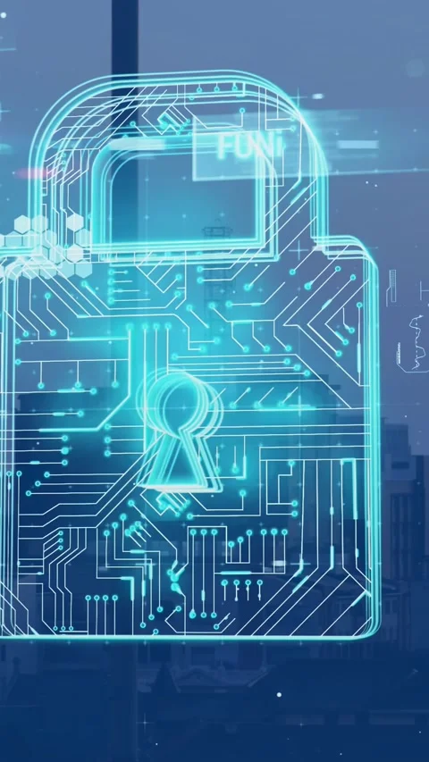 Vertical video: Pulsing hologram lock on signal for test over city with circuit Stock Footage 331215448