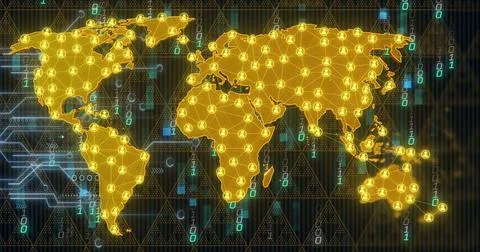 Vertical video: Pulsing map linking gold nodes across areas after data input, Stock Illustration