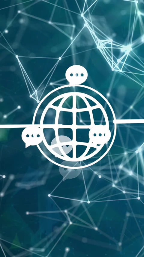 Vertical video: Pulsing net spawning chat dots clumping then fading near globe, Stock Footage 332823146