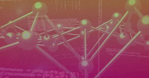 Vertical video: Pulsing node cluster reacting to data stream above magenta grid, 库存插图