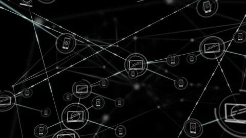 Vertical video: Pulsing node forming IT network, linking laptop phone hubs to Stock Footage 332469241