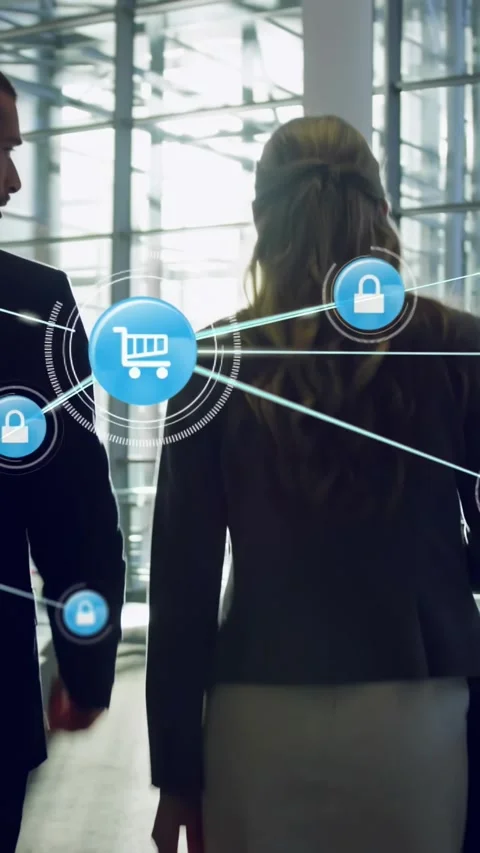 Vertical video: Pulsing node sparking cart and lock icons orbiting, showing 스톡 동영상 330286304