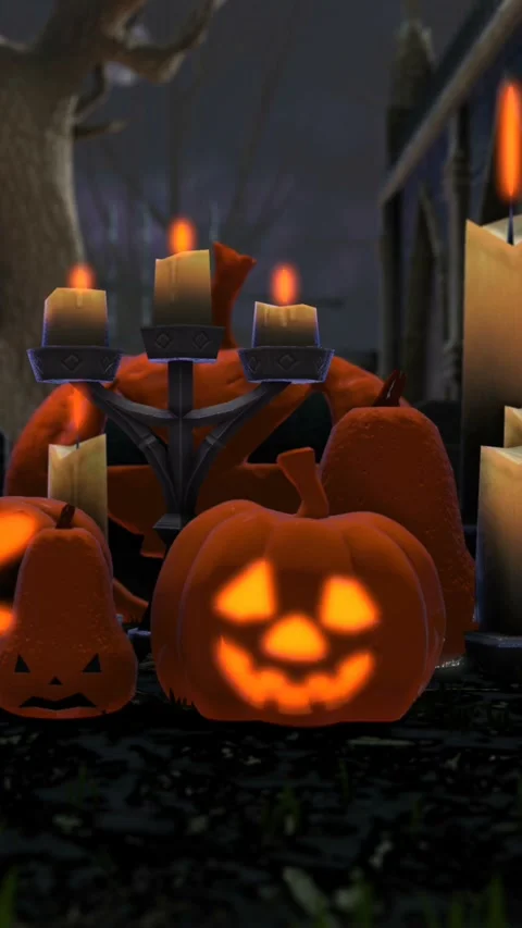 Vertical video of pumpkins and candles in a cemetery at night. Halloween Vidéo 336921564