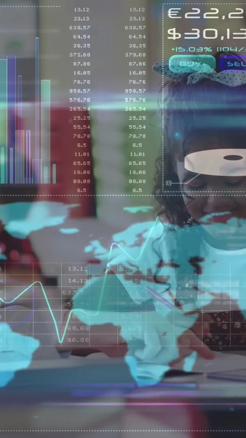 Vertical video: Pupil writing and pointing at desk animated finance HUD updating Stock Footage 334600677