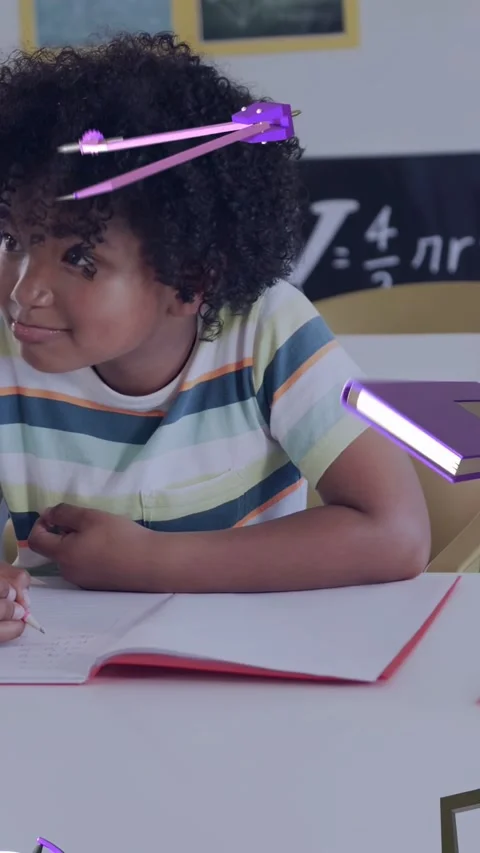 Vertical video: Pupil writing notes pencil moving causing purple book drifting Stock Footage 334378676