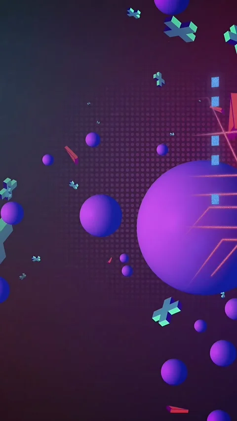 Vertical video: Purple orb entering left, driving neon lines and shapes drifting Stock Footage 334378121