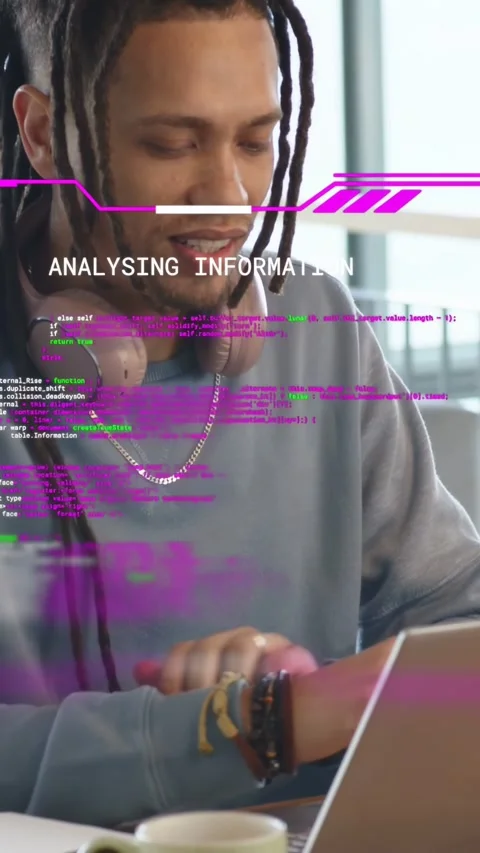 Vertical video: Purple overlay appearing, man typing on laptop at cafe, Stock Footage 333079940