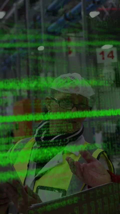 Vertical video: QA mgr checking tablet heeding gesture doing QC as green overlay Stock Footage 335263918