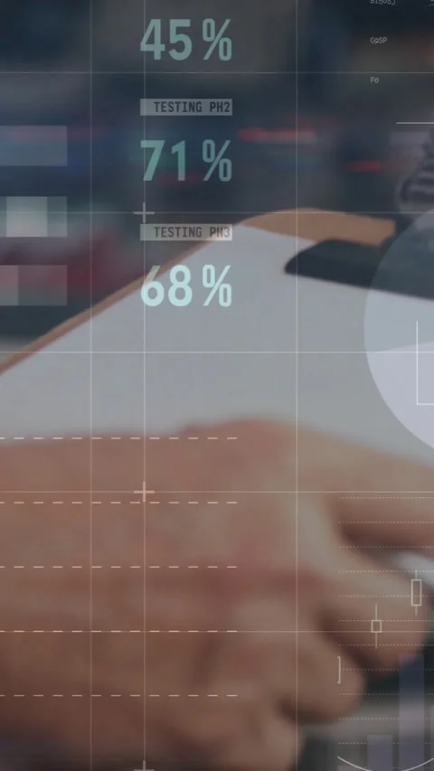 Vertical video: QC tech tapping tablet and moving mouse updating HUD over hand Stock Footage 331720959