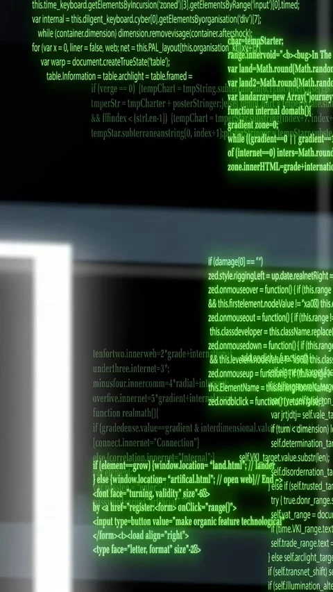 Vertical video: Quick cam pan moving neon code stacks and 1-0 bits forming Stock Footage 334378252