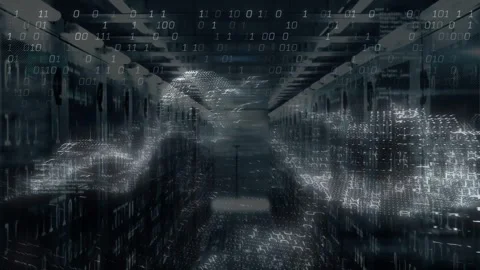 Vertical video: Rack aisle showing ribbon wave fed by network, forming binary Stock Footage 332772255