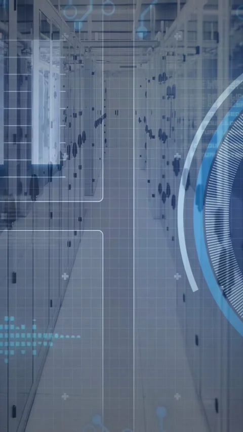 Vertical video: Rack aisle showing HUD overlay, starting spinning blue HUD, Stock Footage 333006173