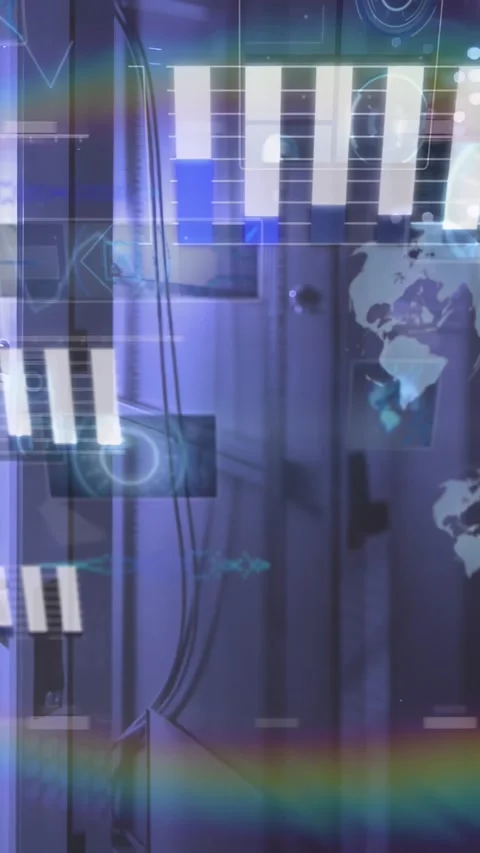 Vertical video: Rack displaying HUD fading in, bars rising, code scrolling, Stock Footage 331237886