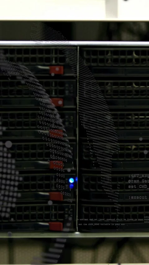 Vertical video: Rack front revealing bays dot-globe overlay drifting pulsing Stock Footage 332775191