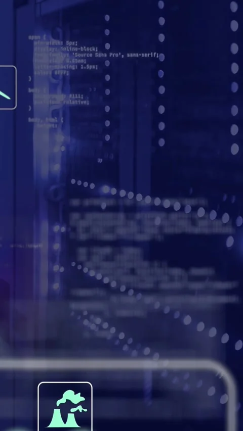 Vertical video: Rack LEDs pulsing in IT lab, hand icon initiating UI, code Stock Footage 332595052