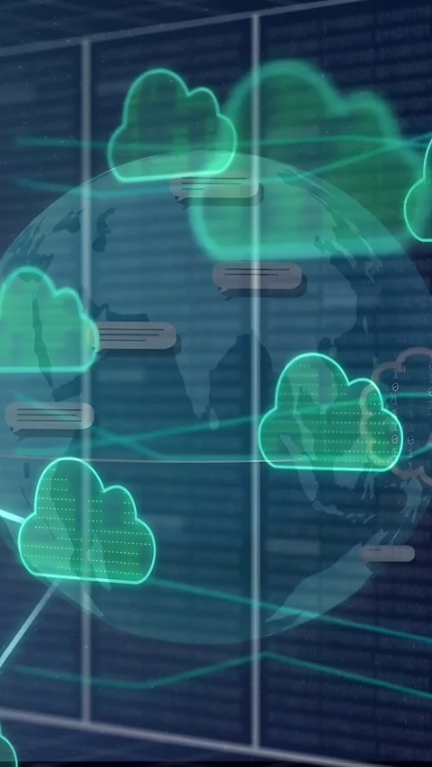 Vertical video: Rack pulse starting holo globe, clouds growing, nodes linking, Stock Footage 334792660