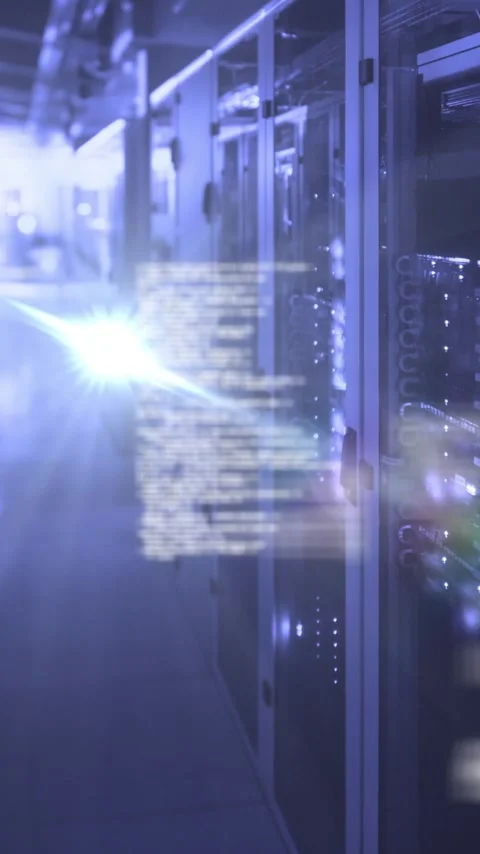 Vertical video: Rack row showing status overlay as flare appearing overlay Stock Footage 348383278