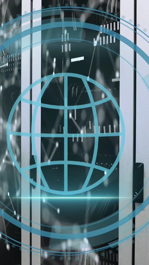 Vertical video: Rack showing nodes starting cyber security HUD scanning globe Stock Footage 332806816
