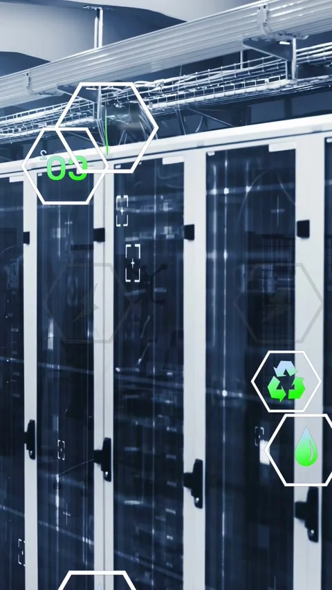 Vertical video: Racks lining data center feed showing energy water CO2 icons for Stock Footage 332747855