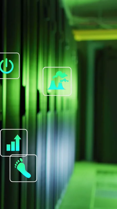 Vertical video: Racks moving in green data center aisle, camera push causing Stock Footage 332845670