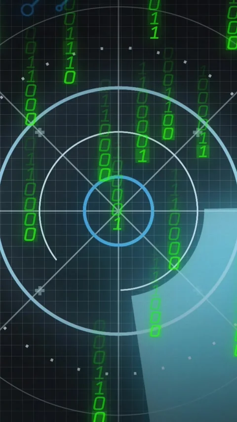 Vertical video: Radar HUD showing blue sweep appearing and rotating, green bits Stock Footage 329552735