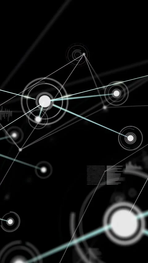 Vertical video: Radial sweep starting main node sending cyan links rings pulsing Video stock 332598805