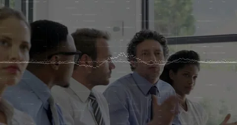 Vertical video: Raising hand, man in blue shirt commenting in row, team in ties Stock Footage 331593455