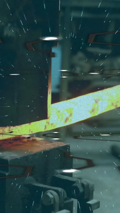 Vertical video: Ram lowering, pressing hot bar in forge, ejecting sparks and Stock Footage 331167241
