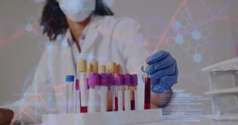Vertical video: Reaching tech in lab coat and blue gloves inspecting blood tube Stock Footage 330756453