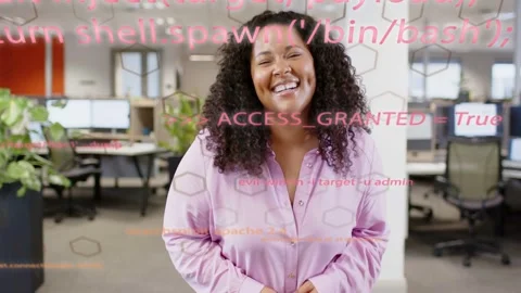 Vertical video: Reacting to ACCESS_GRANTED overlay woman in pink shirt laughing, Stock Footage 333105527