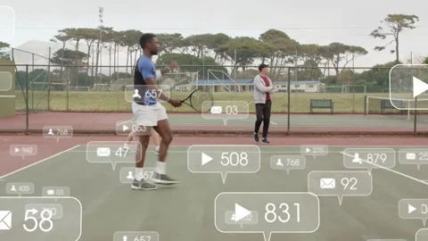 Vertical video: Reacting after feed, blue man catching shot with racket, icons Stock Footage 334117049