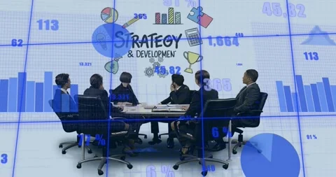Vertical video: Reacting to display starting six in suits reviewing at table Stock Footage 331197883