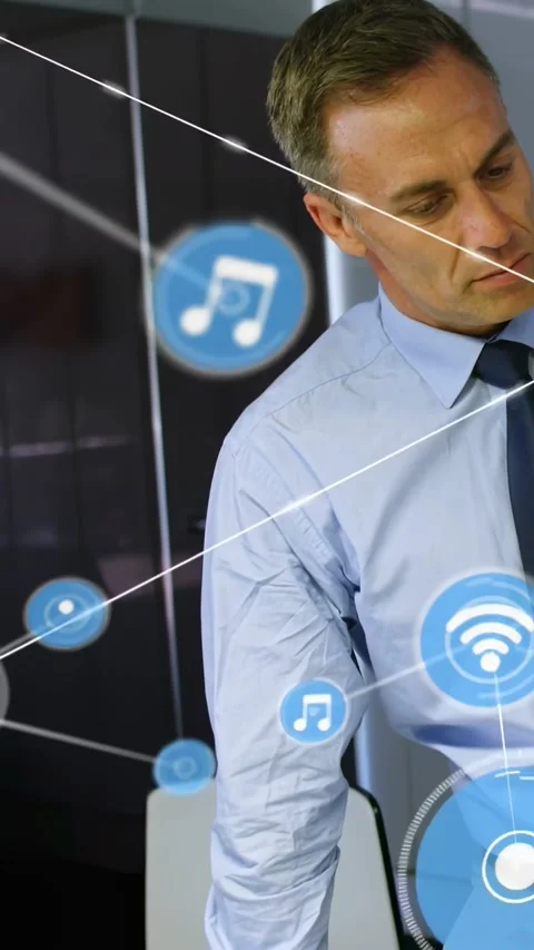 Vertical video: Reacting exec in tie at office, tapping tablet with AR icons Vidéo 332317316