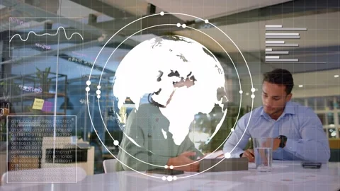 Vertical video: Reacting to globe, pair in blue and green reviewing data in Stock Footage 333552798