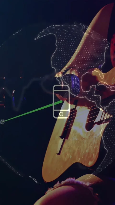 Vertical video: Reacting to globe spin, guitarist playing onstage at mic in tank Stock Footage 334387021