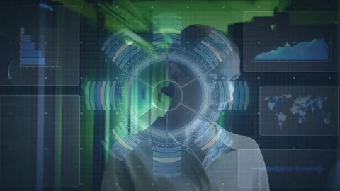 Vertical video: Reacting to rotating HUD, woman in light shirt scanning display Stock Footage 333733878